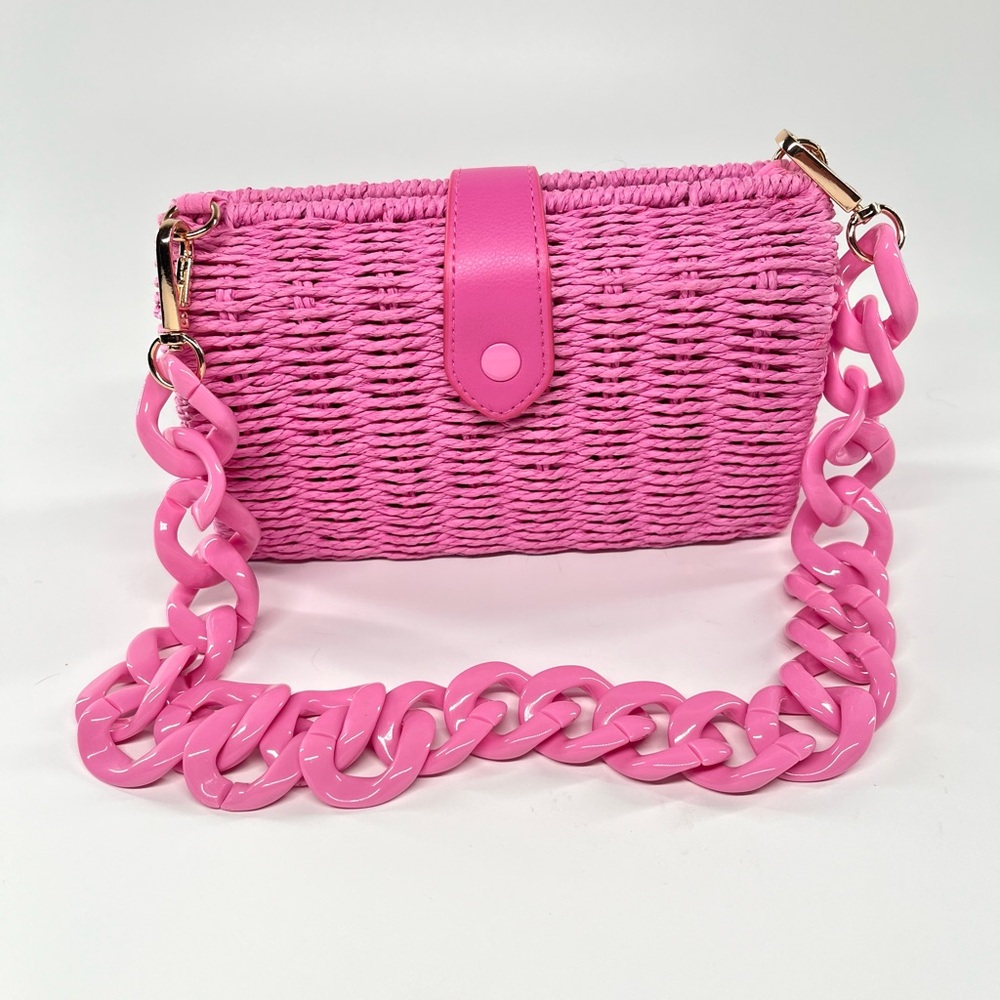 Wicker Woven Pink Mini Handbag Removable Chain Evening Bag